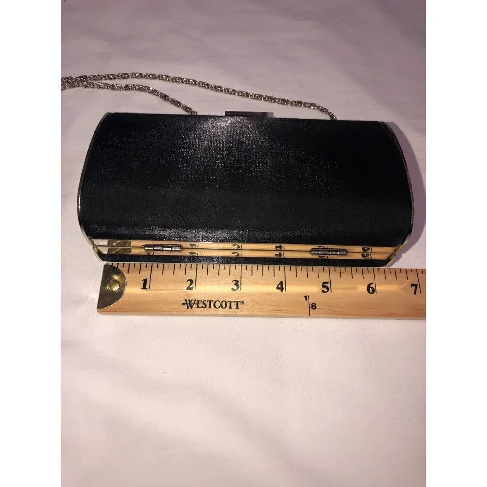 Clutch Handbag Satin Black Silver Chain Sparkle Clam Shell Evening Formal